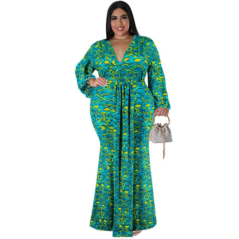 3 XL / green C1103ME42 Stylish Design Plus Size Casual Geometric Print Bodycon Maxi Dress Women Sehe Fashion