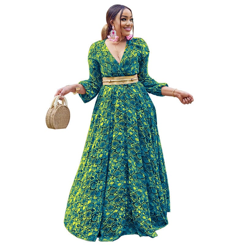 3 XL / green FM-MY1026 Newest Fall Dresses Plus Size Women Clothing V Neck Fashion Elegant Party Long Maxi Women's Dresses