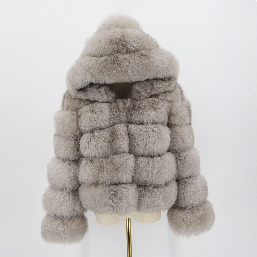 3 XL / light grey QIUCHEN QC20110 Fashion Winter Warm Fluffy Fur Jacket Women Genuine Hooded Real Fox Coat