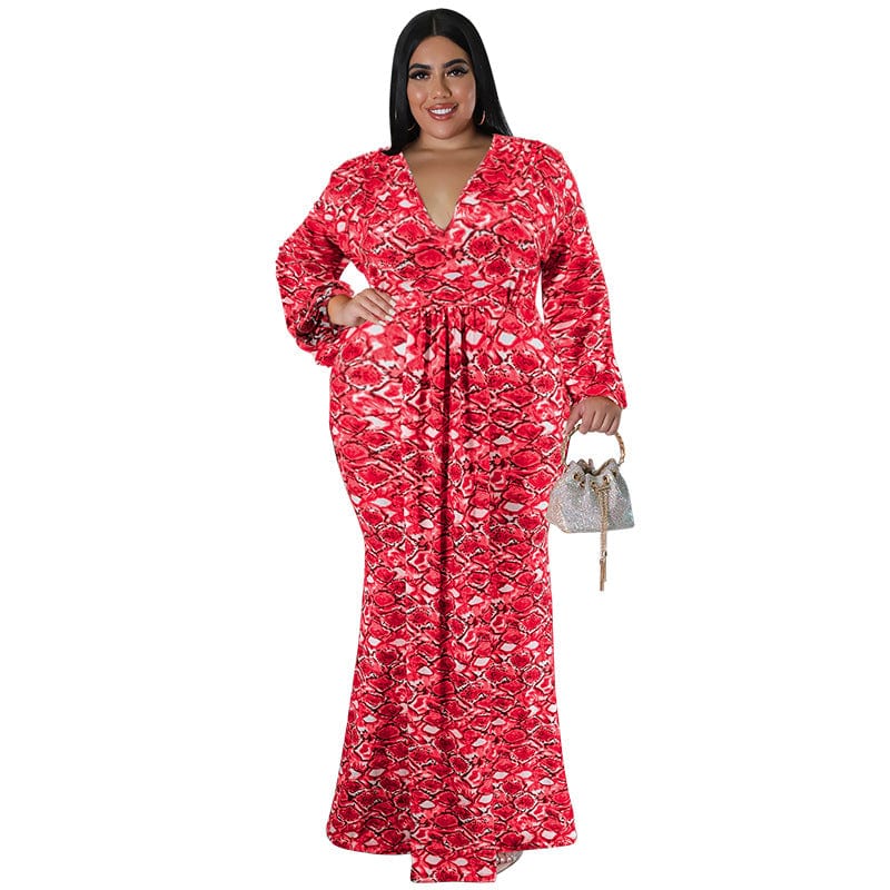 3 XL / Red C1103ME42 Stylish Design Plus Size Casual Geometric Print Bodycon Maxi Dress Women Sehe Fashion