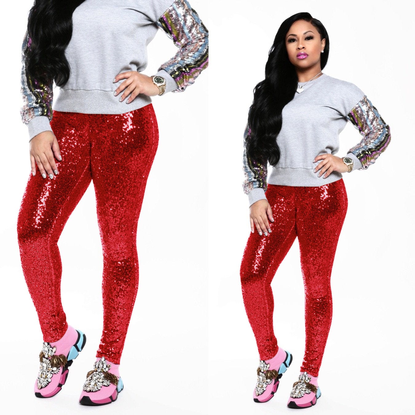 3 XL / Red Z69324 Fashion Casual High Waist Sequins pants Fall Women Stretch Shiny Trousers