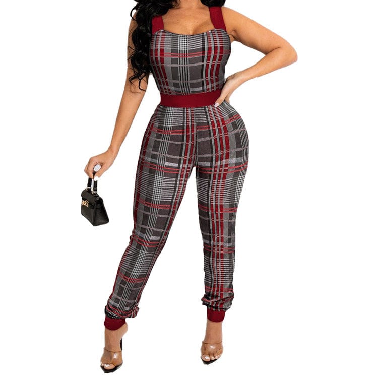 3 XL / Red Z77614 Spring summer Plaid print playsuit women sleeveless Square Collar plus size jumpsuit