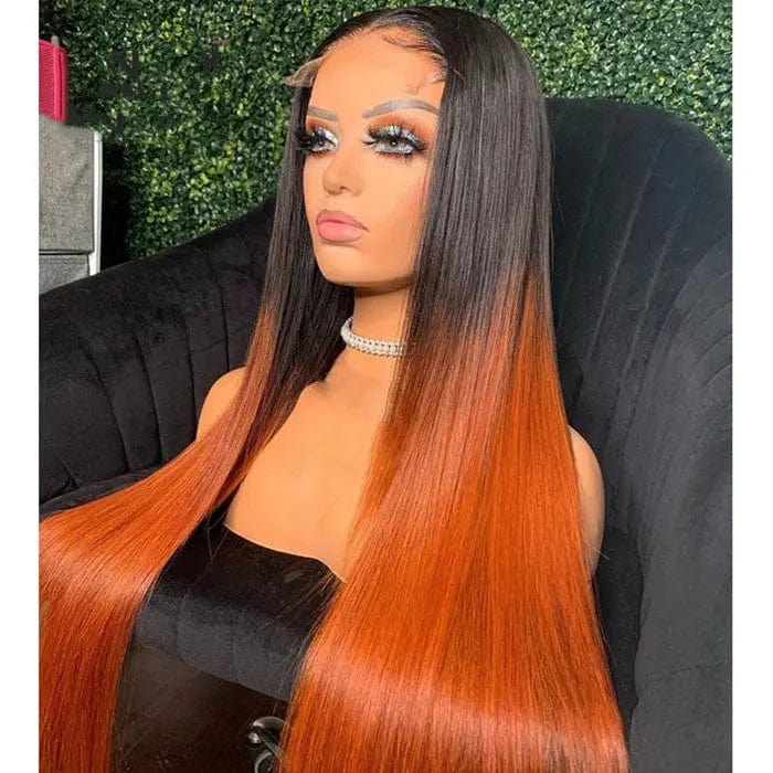 30 Inches / Black and orange New Design Ombre Orange Silky Straight Peruvian Human Virgin Hair 13*4 Lace Front Wigs