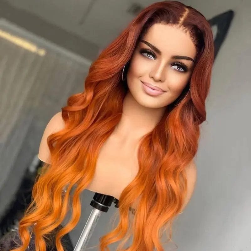 30 Inches / Ombre Orange New Design Long Wavy Ombre Orange Body Wave Wigs Human Hair Lace Frontal Wigs