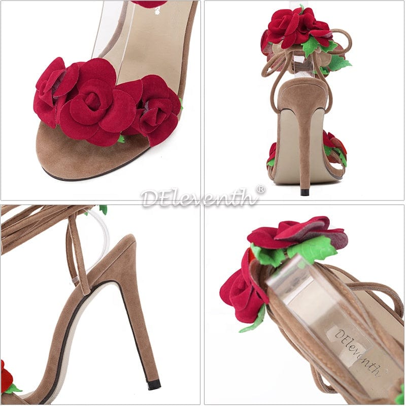 300-6 DEleventh shoes Wholesale Suede Rose Flower Heels Cross Strap High Heels Thin Heeled Sandals Fashion Women Shoes in stock