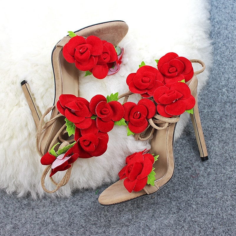 300-6 DEleventh shoes Wholesale Suede Rose Flower Heels Cross Strap High Heels Thin Heeled Sandals Fashion Women Shoes in stock