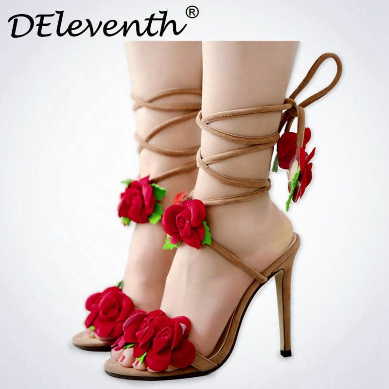 300-6 DEleventh shoes Wholesale Suede Rose Flower Heels Cross Strap High Heels Thin Heeled Sandals Fashion Women Shoes in stock