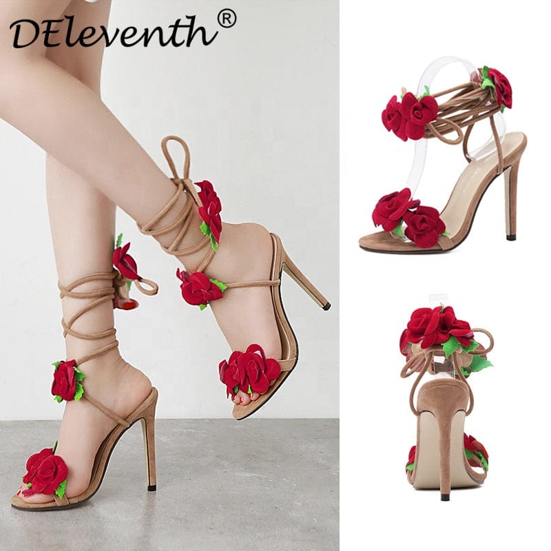 300-6 DEleventh shoes Wholesale Suede Rose Flower Heels Cross Strap High Heels Thin Heeled Sandals Fashion Women Shoes in stock