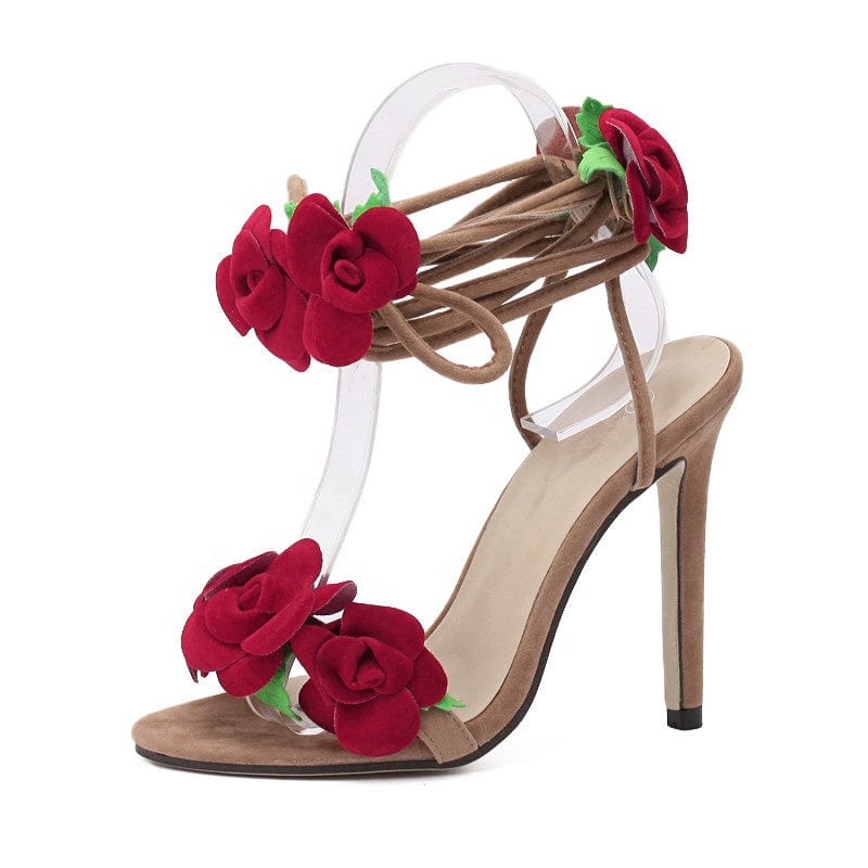 300-6 DEleventh shoes Wholesale Suede Rose Flower Heels Cross Strap High Heels Thin Heeled Sandals Fashion Women Shoes in stock