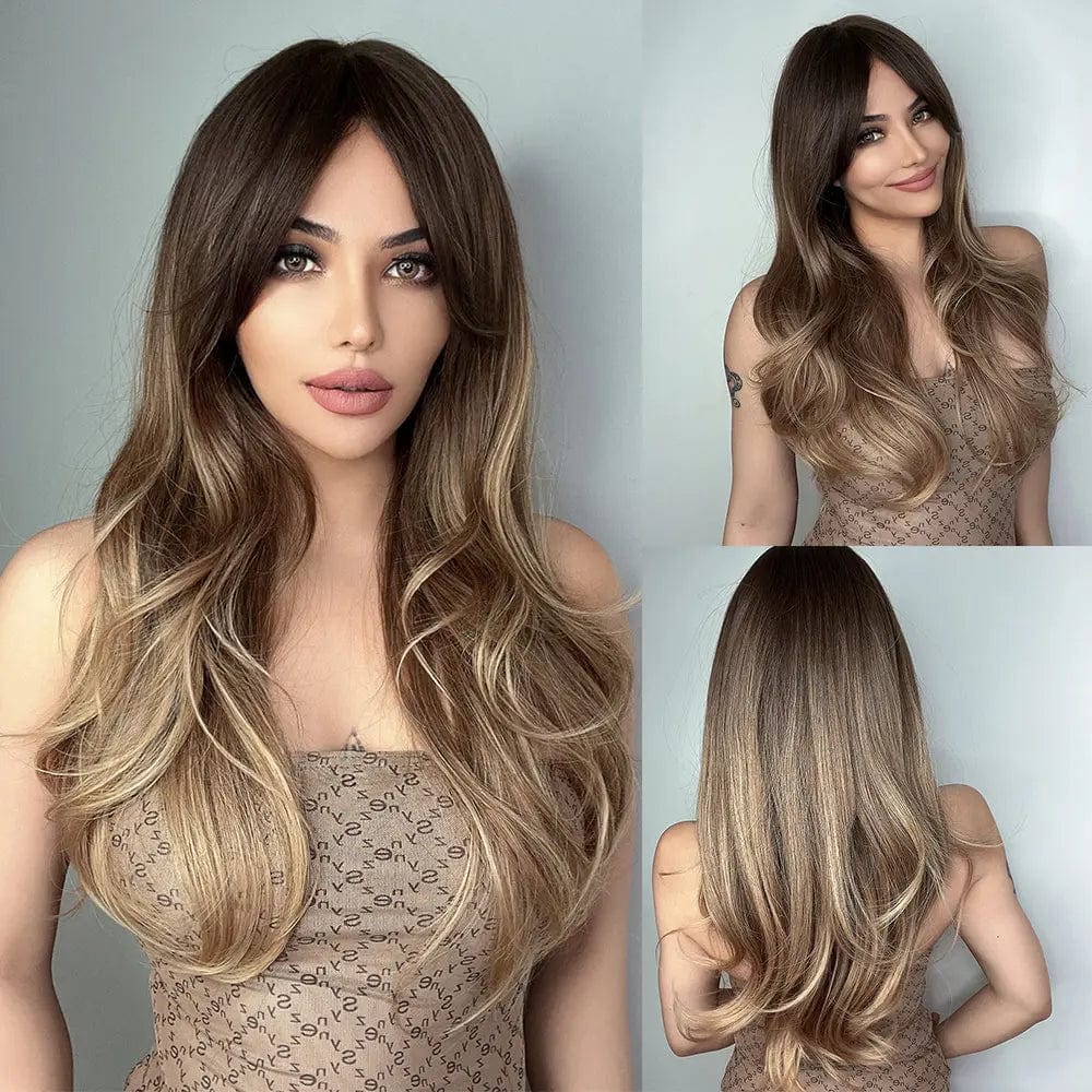 301 Fast delivery. Synthetic Ombre Brown To Blonde Highlights Wig for Women Natural Hair Wig Long Wave Wigs Heat Resistant