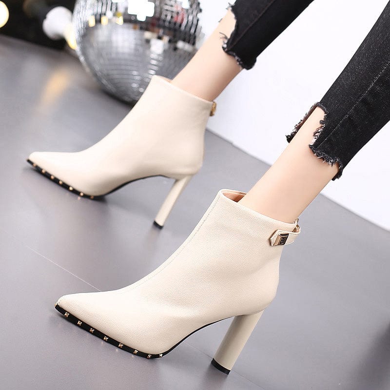 34 / Beige Pointed toe high heels thick heel short boots women 2023 autumn and winter new thin and all-match plus velvet Martin boots