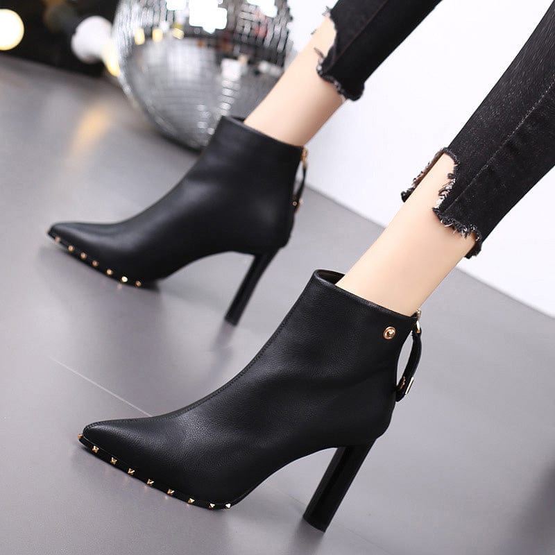 34 / black Pointed toe high heels thick heel short boots women 2023 autumn and winter new thin and all-match plus velvet Martin boots