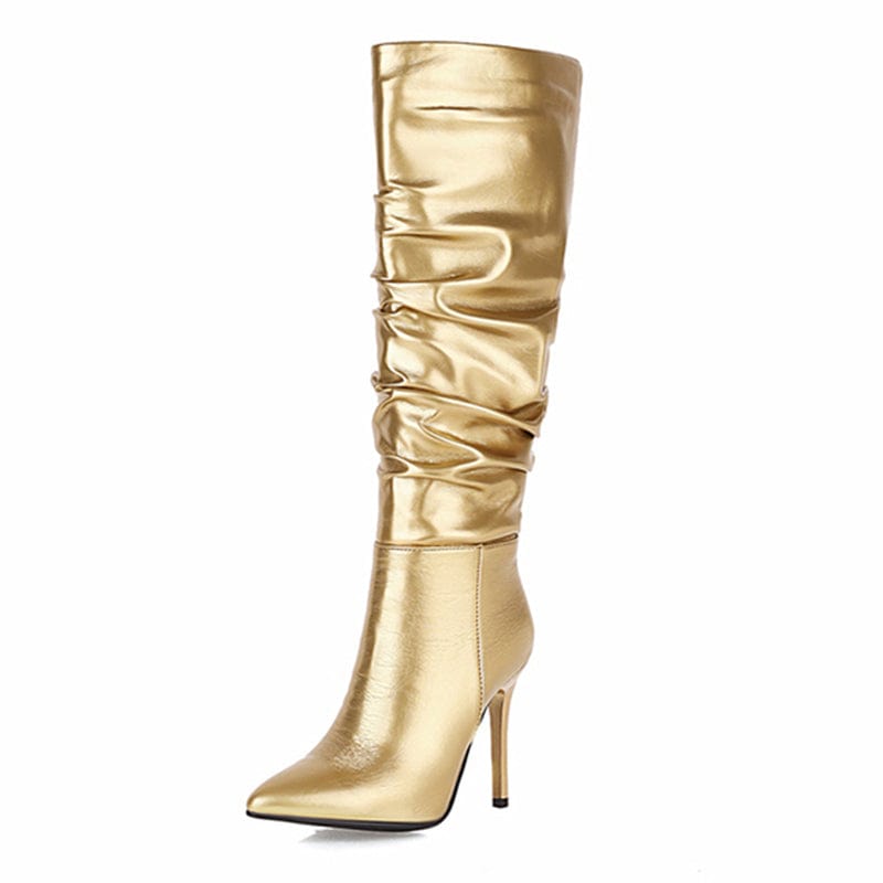 34 / Gold Boots Knee High Leather 2023 Pointed Toe Thigh High Wrinkle Boots Sexy Party Slip-On Long Botas Mujer Silver Gold Women Shoes