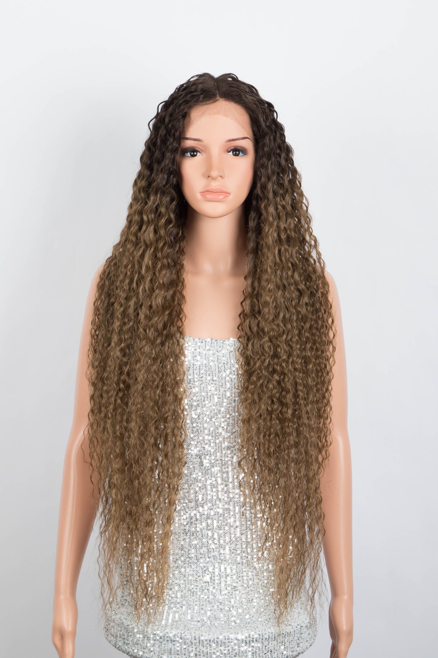 34 Inches / TT6/30W sleek wholesale hot selling  Heat Resistant t lace long hairline kinky curl Swiss HD  lace frontal Synthetic hair Wig for women