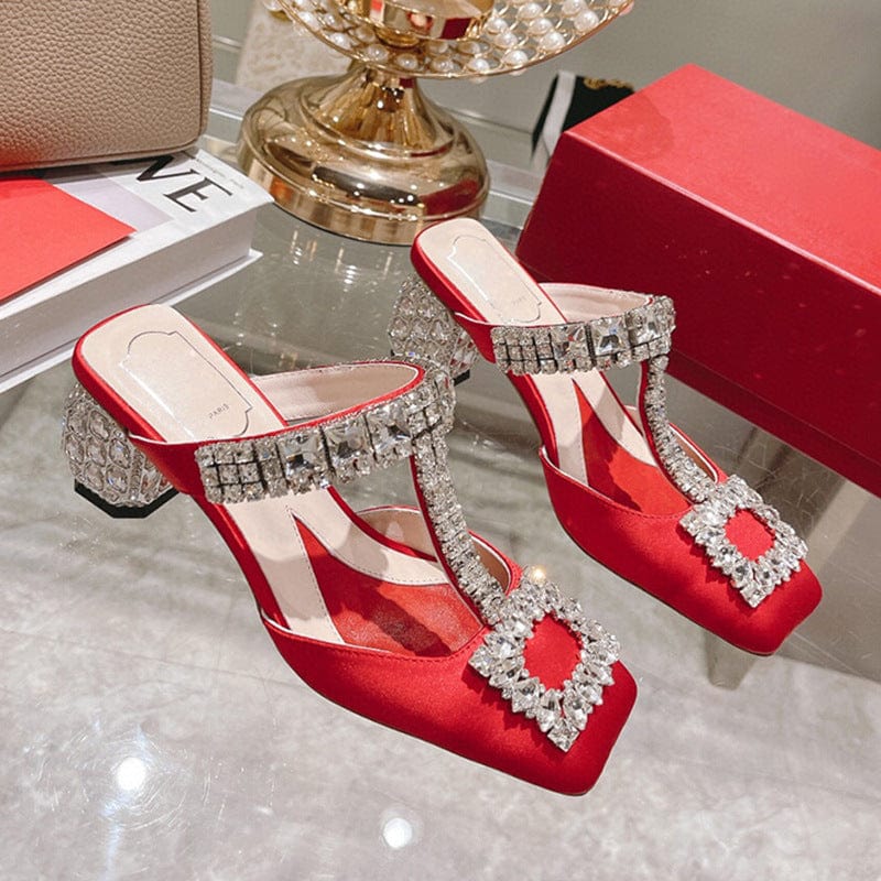 34 / Red TX new style ladies luxury diamond slippers thick heels high heels breathable women sandals