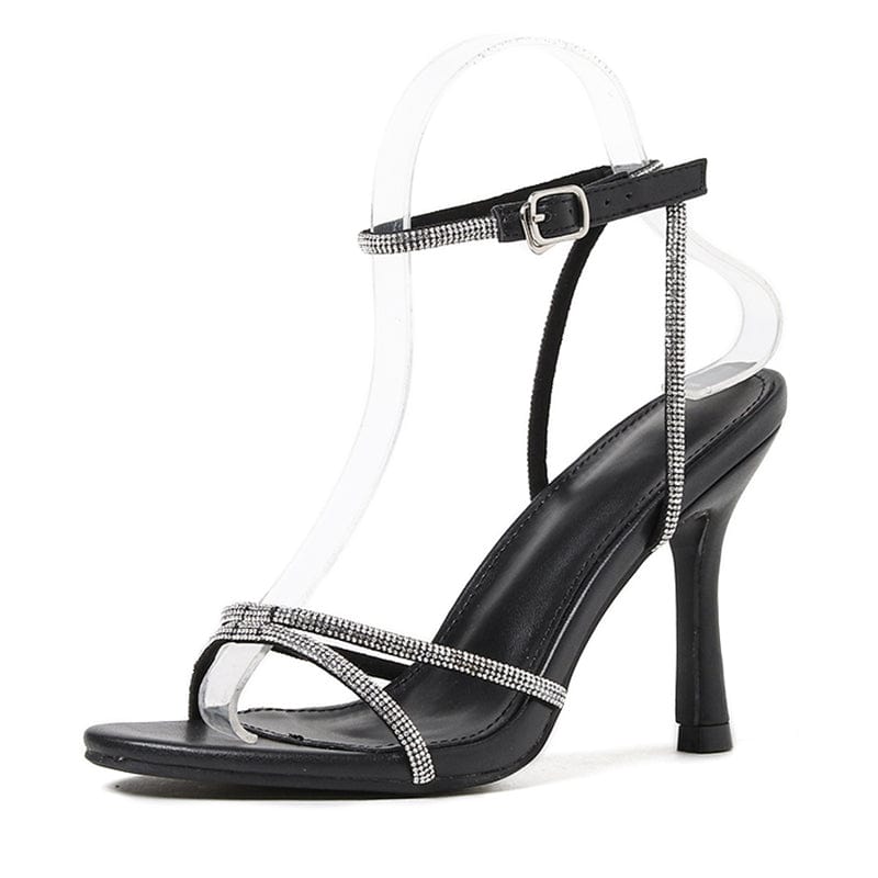 35 / Black Fashion Rhinestone Slip Buckle Lace up 2023 Summer Sexy Solid PU Sandals High Heels Casual Party Size 35-42 Women's Shoes