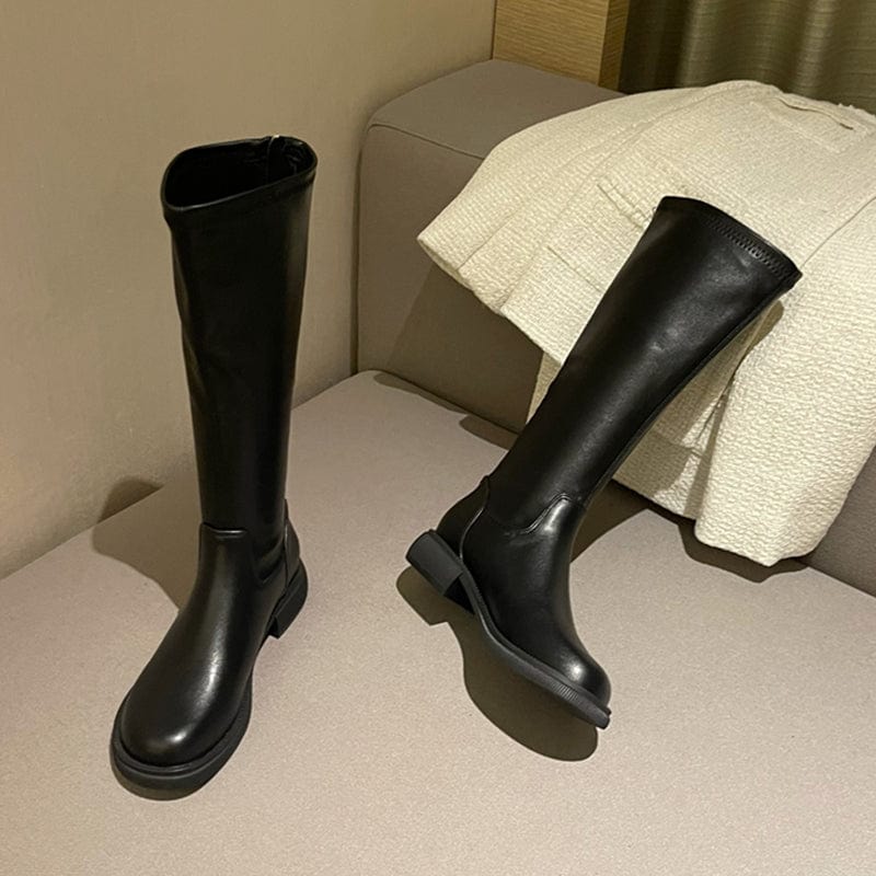 35 / Black New Fashion Thick Bottom 2022 Autumn Winter Round Head Back Zipper Thick Heel Elastic High Tube Boots Female Women's Shoes