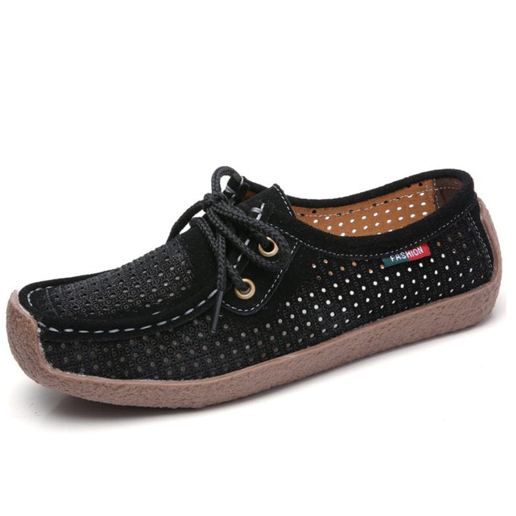 35 / Black with hole Spring Autumn Women Genuine Leather Loafers Flats Moccasins Female Casual Ladies Black Footwear Shoes