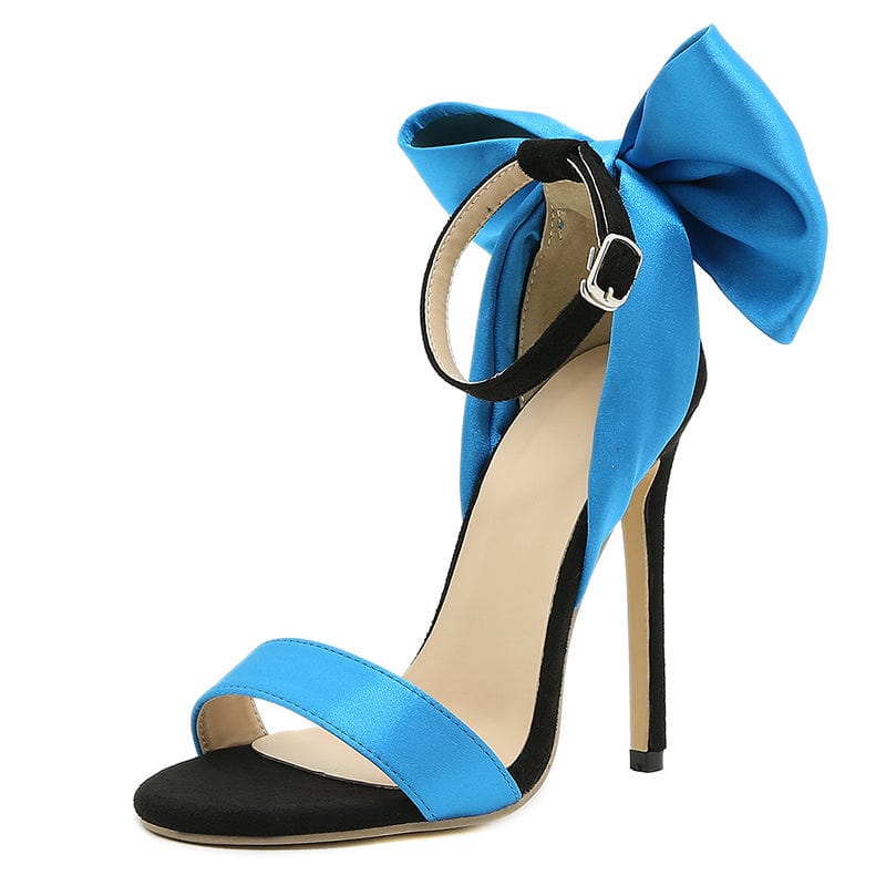 35 / Blue Butterfly-knot Ankle Buckle Strap Summer Blue Silk Round Toe Thin High Heel Shallow Sweet Simple Design Classics Female Sandal