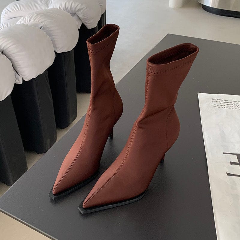 35 / Brown Sexy Pointed Toe Slip-On 2023 New Autumn Winter Solid Thin High Heel Silk Ankle Boots Rome Shoes Party Dress 35-39 Women Shoes