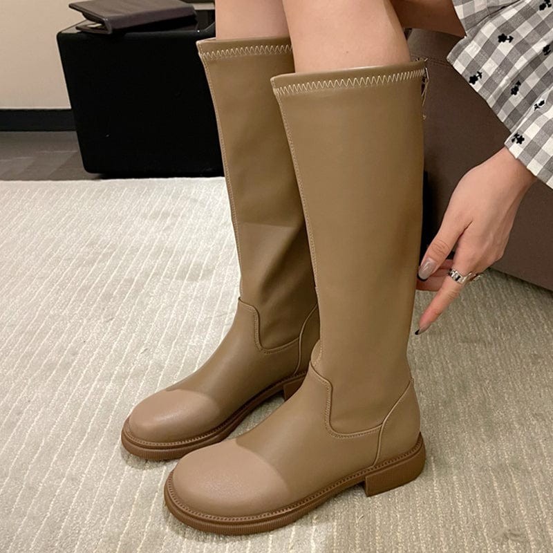 35 / Milk tea New Fashion Thick Bottom 2022 Autumn Winter Round Head Back Zipper Thick Heel Elastic High Tube Boots Female Women's Shoes