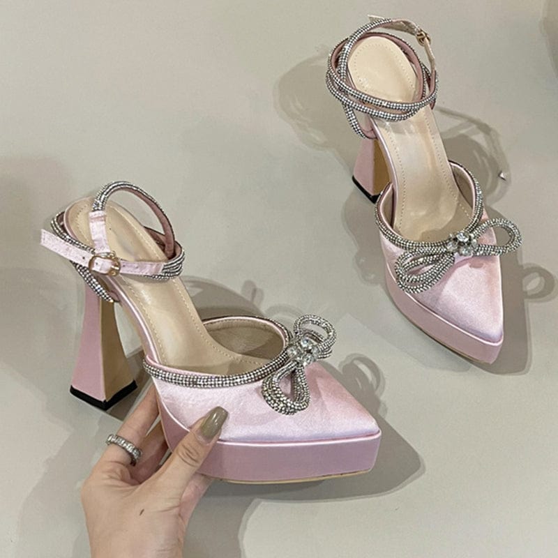 35 / Pink Glitter Rhinestones Pumps 2023 Crystal bowknot Satin Summer Lady Shoes Sequins Leather High Heels Party Prom 35-42 Women Shoes