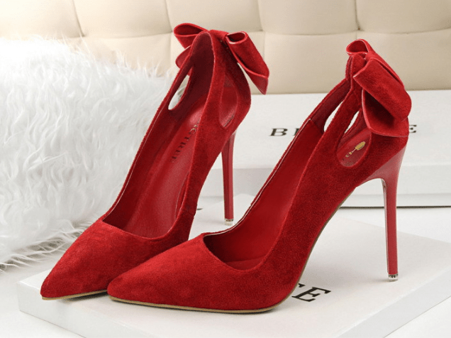 35 / Red Latest Suede Women Office Shoes 10 CM High Heel Pointed Stilettos Shoes Trendy Bow Designer Women's Pumps