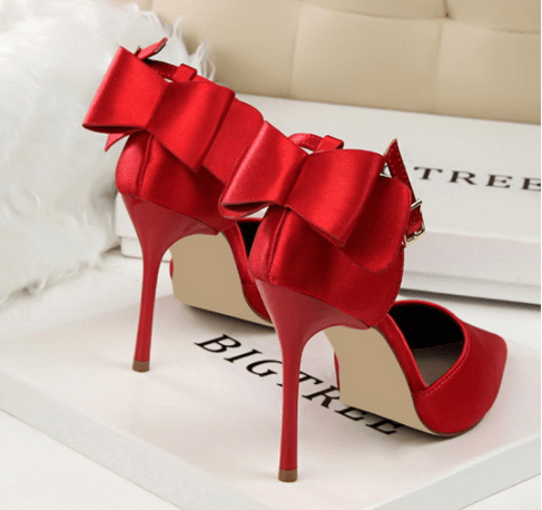 35 / Red Newest Office Women Heel Shoes Satin Bow 10 CM Pointed Stilettos Trendy Designer Buckle Strap Women's Pumps