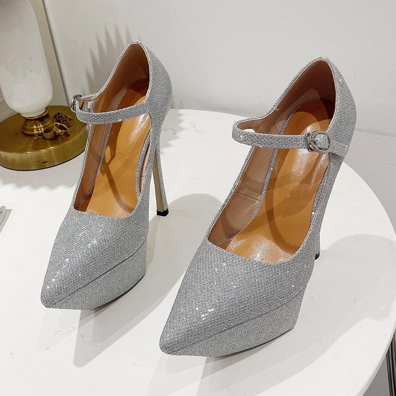 35 / Silver Sexy Bling Sequined Cloth Pointed Toe 2023 Summer Super High Thin Heel Pumps Platform Ankle Buckle Strap Night-Club Women Shoes