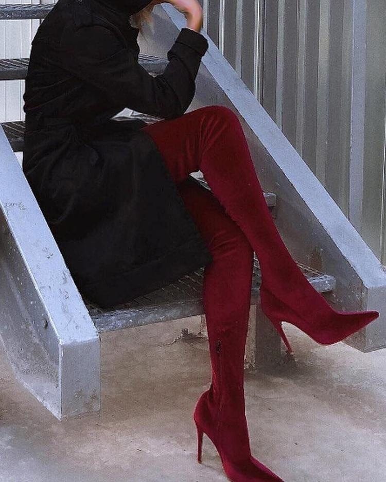 35 / Wine PDEP 2022 velvet over the  knee boots shoes easier zipper stretchy  thin high heels sexy ladies fall boots