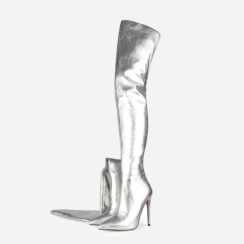 36 / 5 TX   Latest New Stiletto High-Heel Over Knee Boots Back Zipper Silver Designer Fashion Women's Thigh High Boots