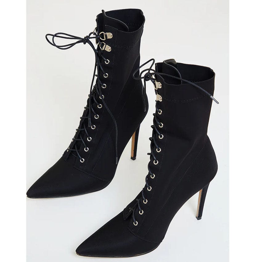 36 / black Fashion Western Style Ladies Thin Heel Boots Pointy Toe Lace UP Black Ankle Booties Stretch Fabric Upper Women Shoes