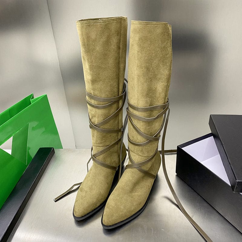 36 / Green Green Cross Bandage Boots Spring Lace-up tighten up Side Round Head Knee-High Thick Soled Motorcycle 35-40 Boots for Women