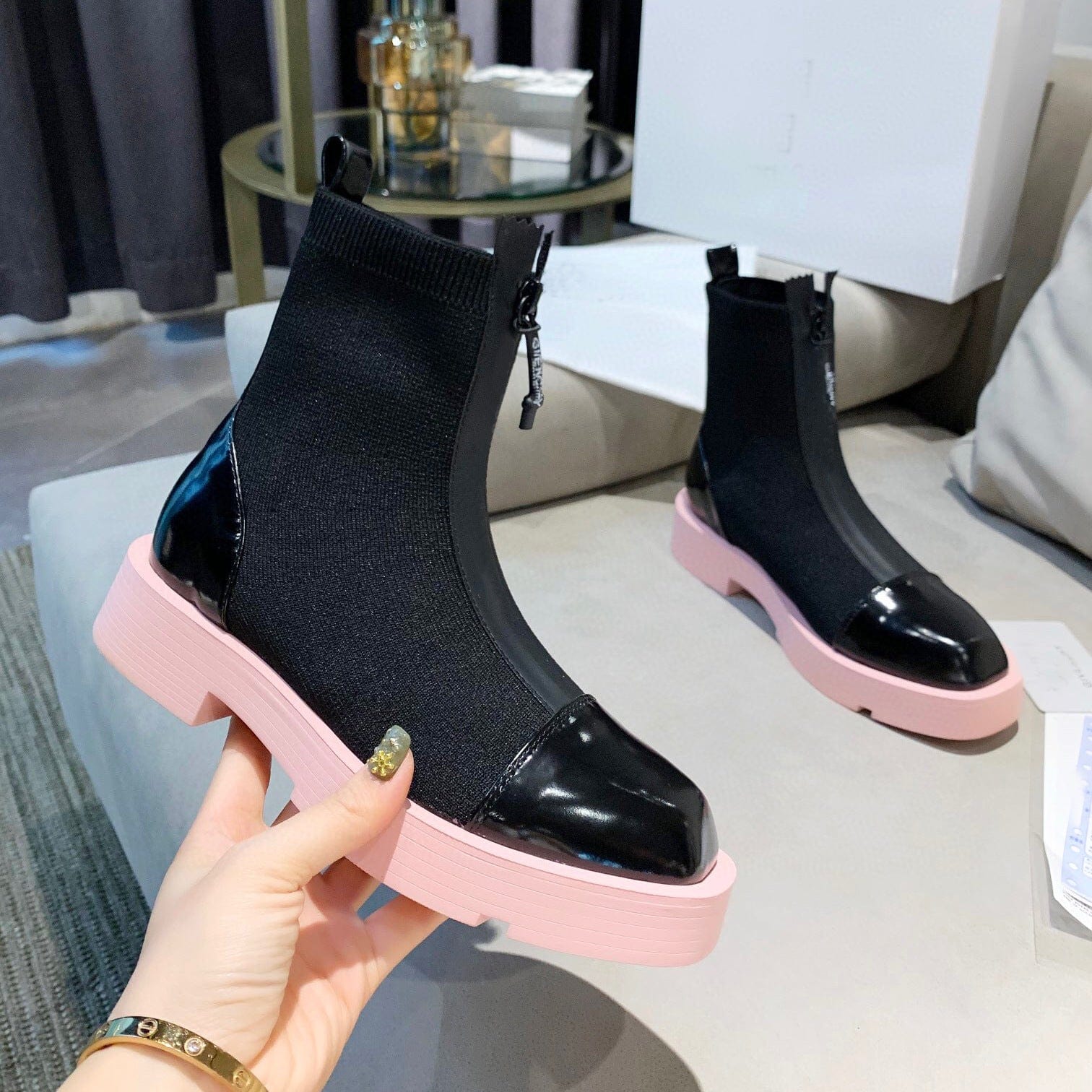 36 / Pink&black TX Stretch thin boots fashion thick heel front zipper ankle boots Chelsea boots