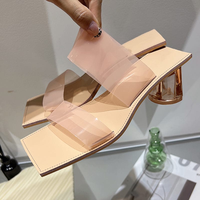 36 / Pink Summer Sexy Fashion 2022 Square Head Medium Heel Transparent PVC Jelly Shoes Mules Open Toe Simple Outdoor Slippers Shoes