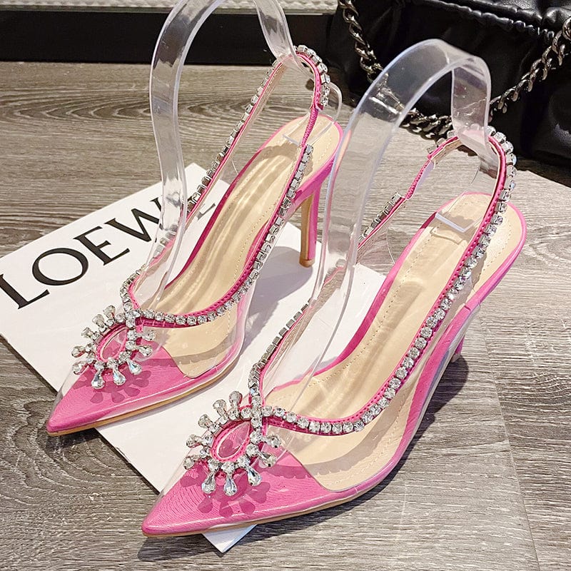 36 / Rose red Spring Silvery Sun Flower Crystal 2023 Fashion Shoes Pointed High Heels Thin Heel Slip-On Party PVC Pumps 35-41 Women Shoes