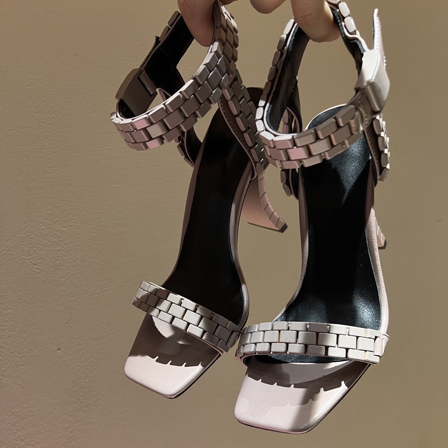 36 / silver TX 2022 Spring and summer new leather metal strap square high heel fashion sandals