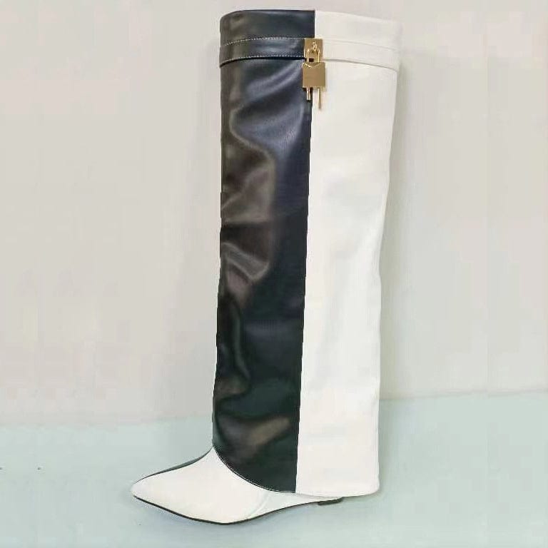 36 / White-black Fashion Designer Pointed Toe Stone Pattern Shark Lock Knee High Boots Wedge High Heel Metallic Overlady Winter Season Long Boots