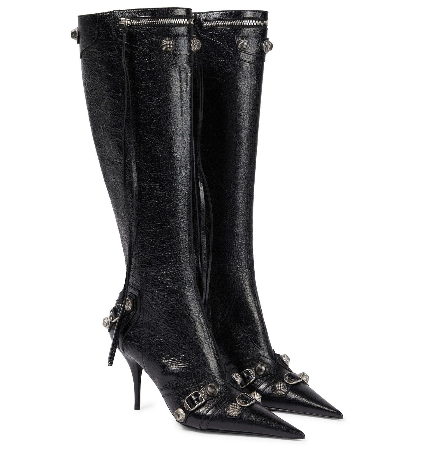 37 / 2 TX hardware crafted glossy sleek point-toe shape poised slim stiletto heels glamour embellished textured-leather knee boots