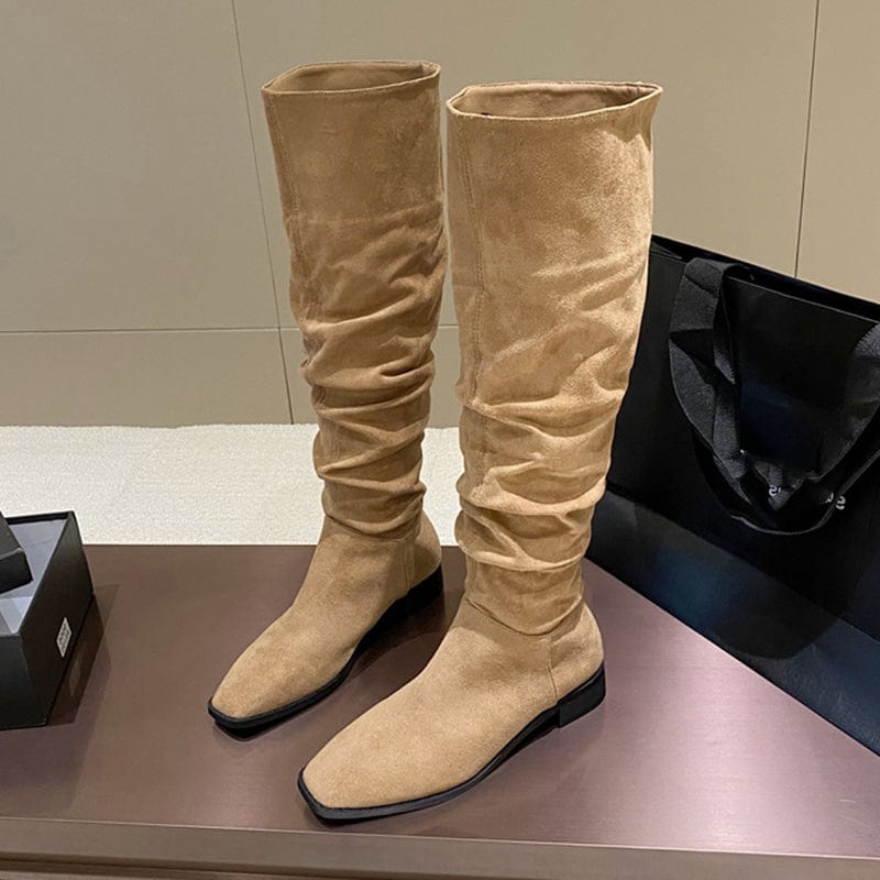 37 / Apricot Spring Autumn Leather Thick Soled Boots Fashion Lace-up Side Zippers Round Head Knee-High Motorcycle 35-39 Boots For Women