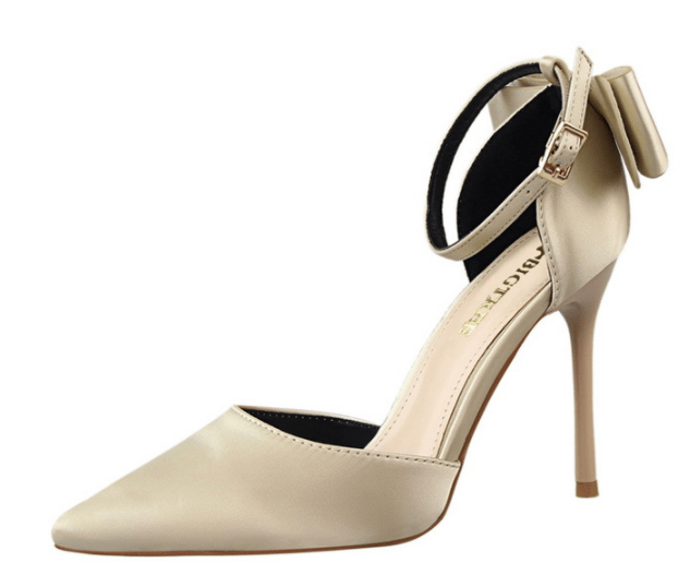 37 / Light gold Newest Office Women Heel Shoes Satin Bow 10 CM Pointed Stilettos Trendy Designer Buckle Strap Women's Pumps