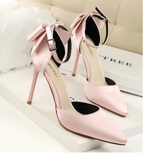 37 / Pink Newest Office Women Heel Shoes Satin Bow 10 CM Pointed Stilettos Trendy Designer Buckle Strap Women's Pumps