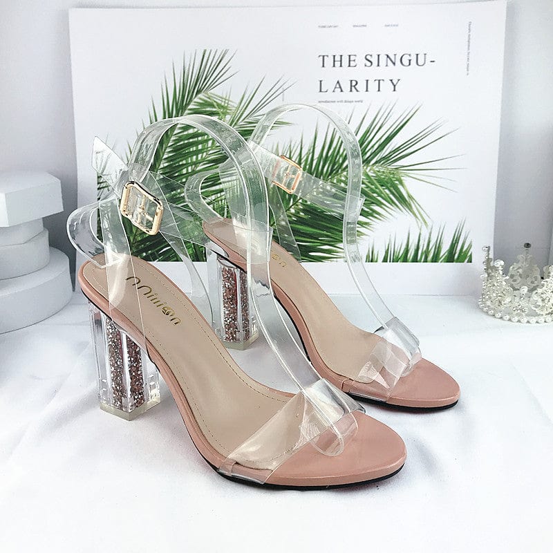 37 / Pink PDEP new arrival ankle buckle strap women thick heels dress shoes transparent heels sandals clear heel for women