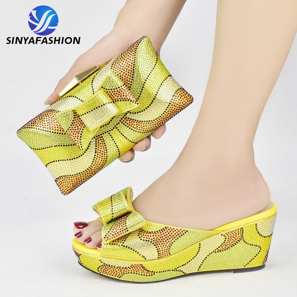 37 / SAB 4500-4 Yellow New Style Lady Shoes Bag Set Dress Shoes Bridal Shoes Party Wear High Heels Women High (5cm-8cm) GENUINE Leather Flat with PU