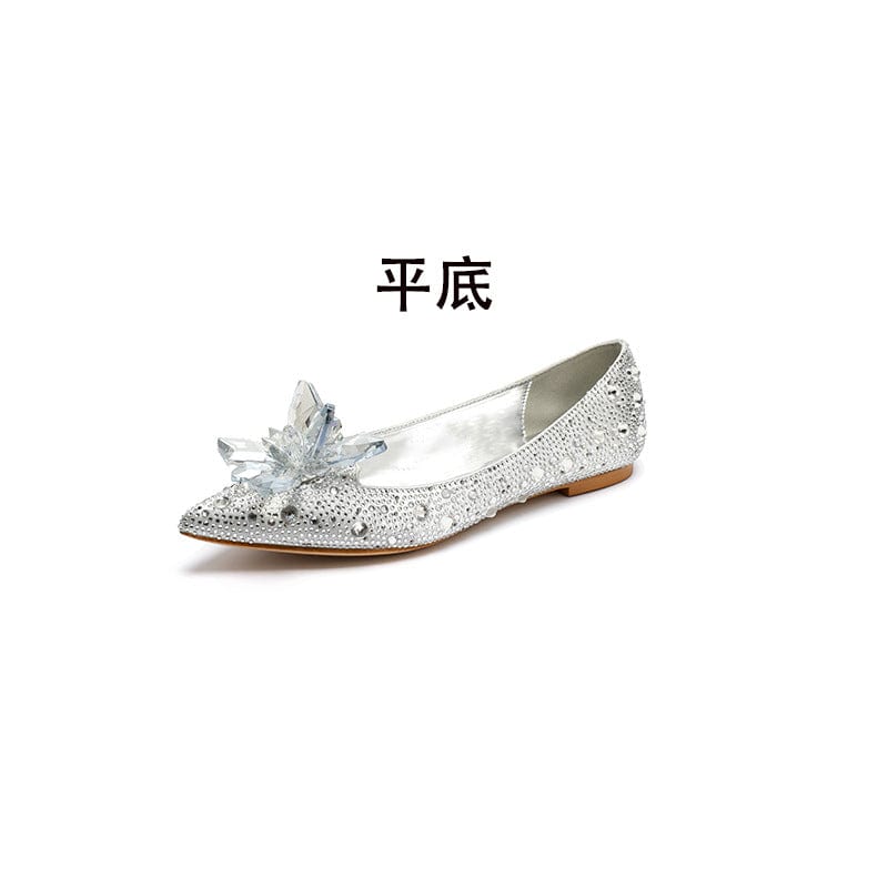 37 / Silver flats` Luxury Diamond High Heel Stilettos for Ladies Wedding Bridal Dress Crystal Heel Pumps