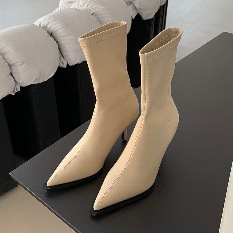 37 / White Sexy Pointed Toe Slip-On 2023 New Autumn Winter Solid Thin High Heel Silk Ankle Boots Rome Shoes Party Dress 35-39 Women Shoes