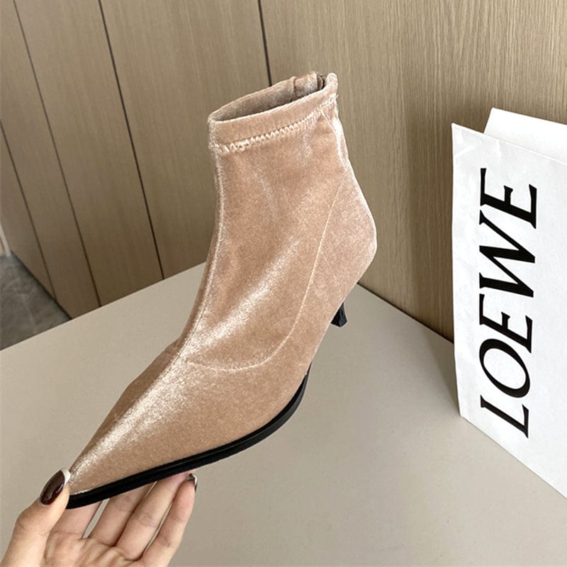 38 / Apricot Fashion Classics Solid Flock Sexy 2023 New Pointed Toe Thin High Heel Ankle Chelsea Boots Zippers Office Lady Women Shoes