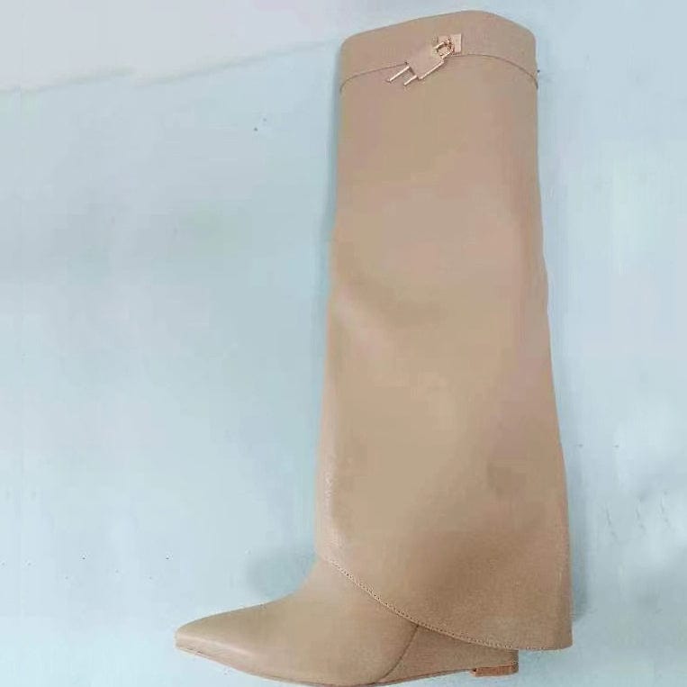 38 / Beige Fashion Designer Pointed Toe Stone Pattern Shark Lock Knee High Boots Wedge High Heel Metallic Overlady Winter Season Long Boots