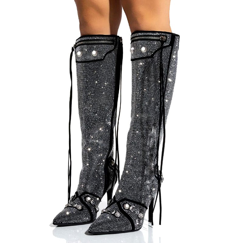 38 / black Sexy Pointed Toe Ladies Rhinestone Zipper Shiny Knee High Boots Metal Pearl Buckle Tassels Long Boots Stiletto Heels Women Shoes