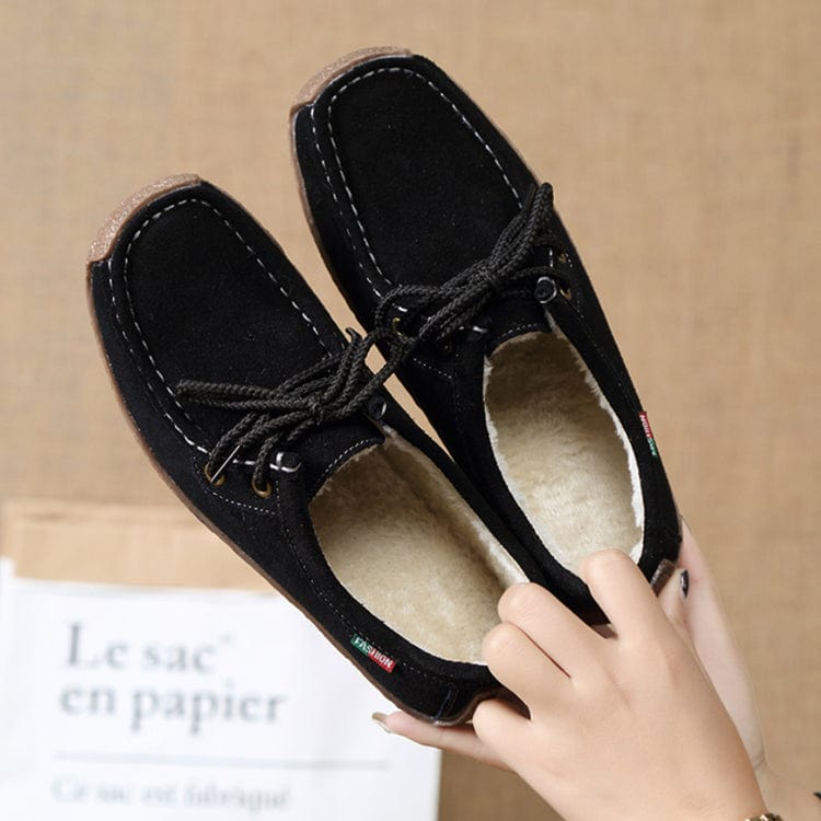 38 / Black with furry Spring Autumn Women Genuine Leather Loafers Flats Moccasins Female Casual Ladies Black Footwear Shoes